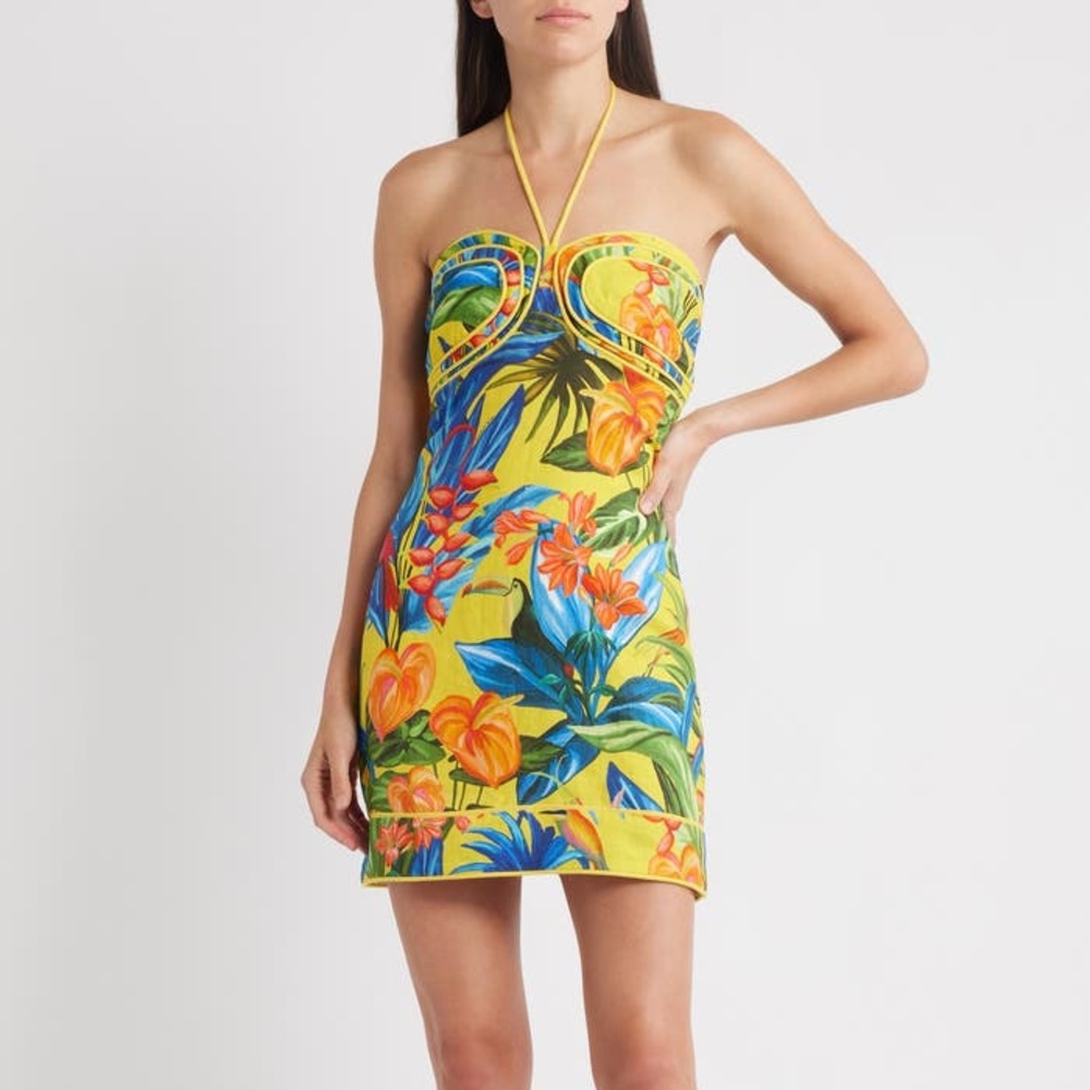 FARM Rio Bright Nature Linen Halter Mini Dress Size XL NWT - Picture 5 of 16